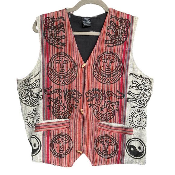 Kathmandu Express Medium Striped Sun Yin Yang ☯️ Vest With Elephants and Dragons - Picture 1 of 9